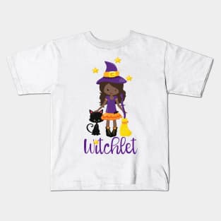 Witch Gift Kids Witchy Halloween Design Black Cat Broomstick Kids T-Shirt